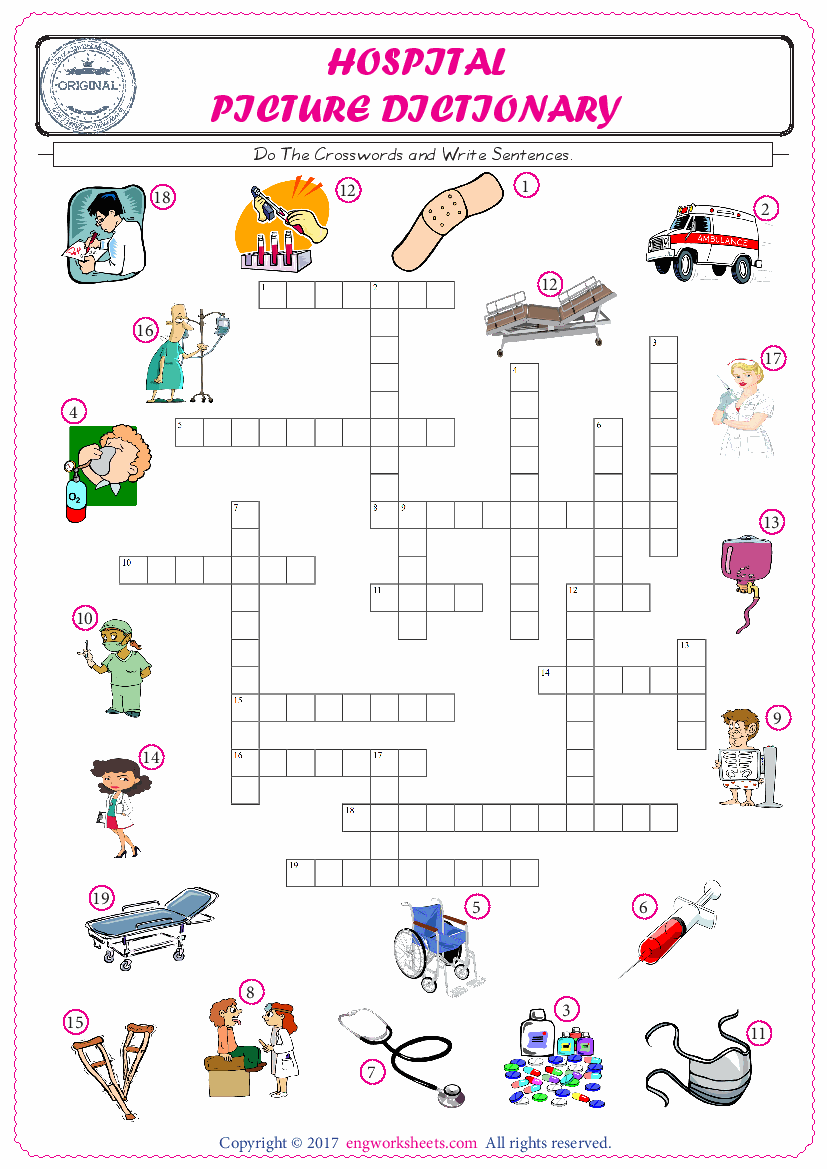 ESL printable worksheet for kids, supply the missing words of the crossword by using the Hospital picture. 